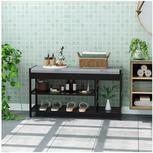 2-tier shoe rack bench with flip-top storage, 36", side view