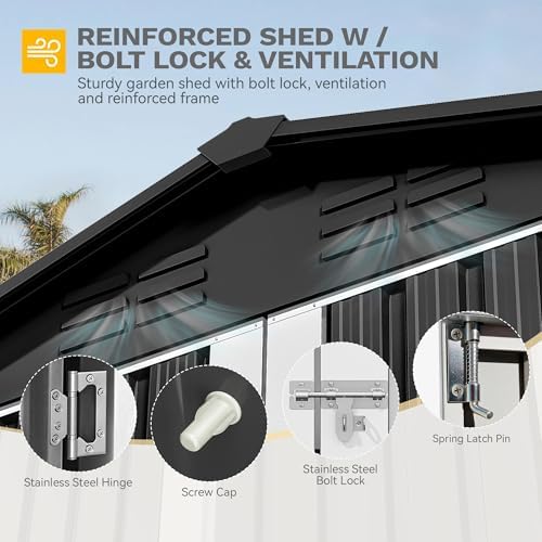 dwvo 7x5ft metal outdoor storage shed, waterproof tool showing dimensions