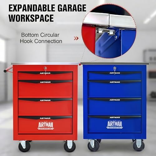 rolling tool chest,stainless steel worktop,blue,4‑drawer, view 10