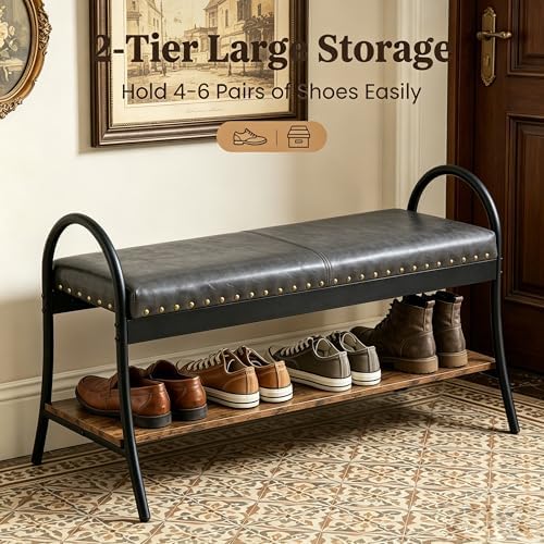 forteek 39.4" shoe bench with shelf, industrial faux, view 9