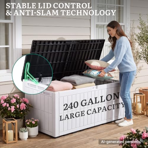 yitahome xxl 240 gallon extra large deck box shown in use