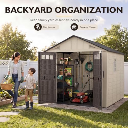 aoxun 8x10 ft outdoor storage shed with floor shown in use
