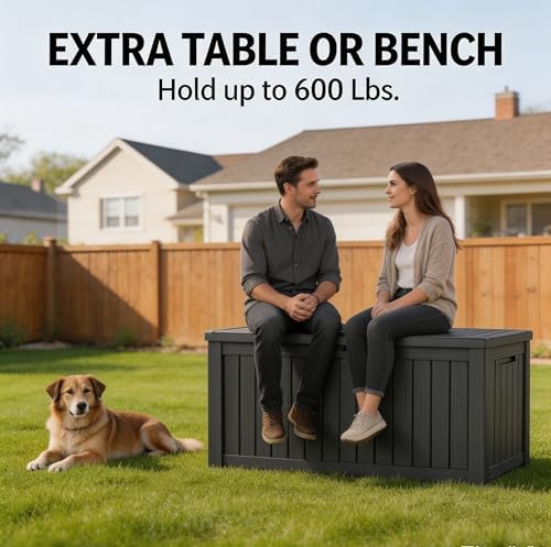 lausaint home 150 gallon resin deck box, package on a desk or shelf