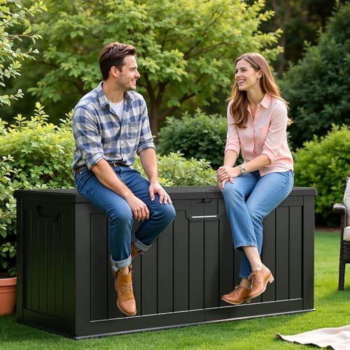 flamaker 250 gallon resin deck box, xxl waterproof shown in use