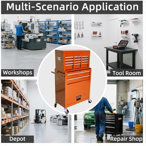 8-drawer tool chest, detachable top box for garage,orange, front angle view