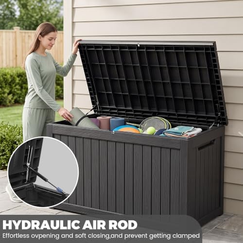 300 gallon outdoor storage box waterproof, lockable resin showing dimensions