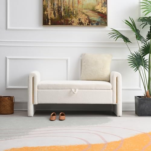 52" upholstered storage bench, white, armrests, wood frame, front angle view