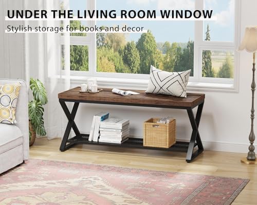 lvb rustic brown entryway bench, 39" industrial shoe, front angle view