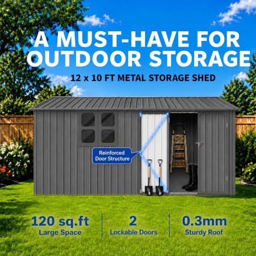 10x12 ft outdoor storage shed, large metal garden shown in use