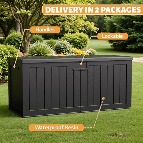 flamaker 250 gallon resin deck box, xxl waterproof on a desk or shelf