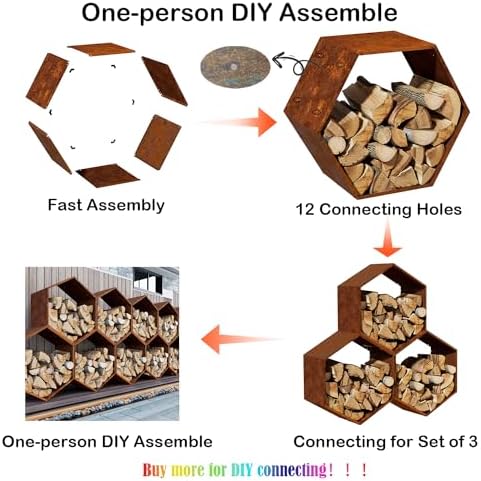 firewood log rack, heavy-duty hexagon, indoor & outdoor showing dimensions