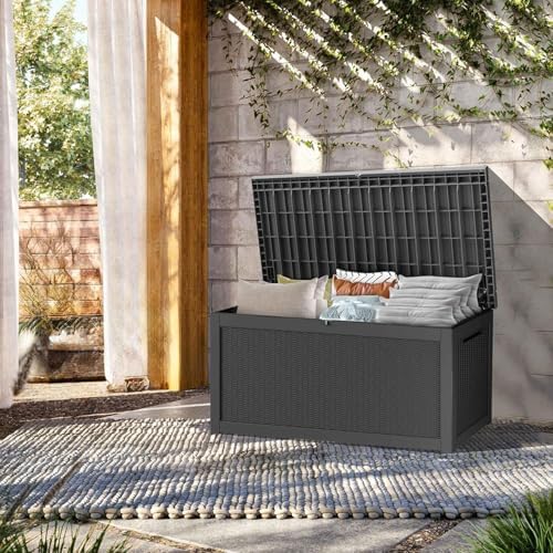 outdoor storage box, 350 gallon lockable resin deck shown in use