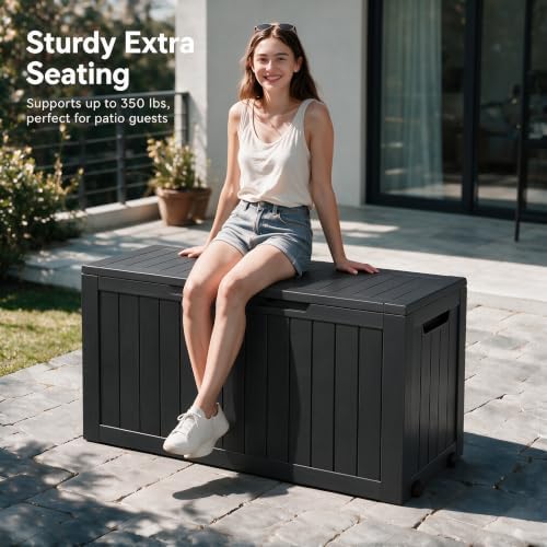 92 gal deck box,waterproof resin outdoor storage gas on a desk or shelf