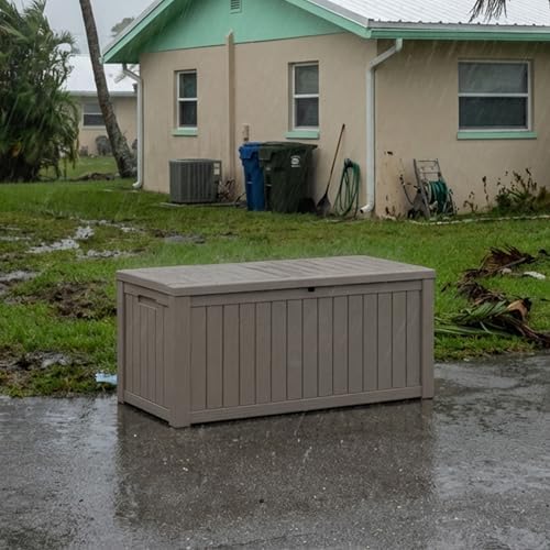 150 gallon outdoor storage deck box waterproof resin, front angle view