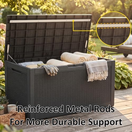 patiozen 150 gallon resin deck box, lockable patio, front angle view