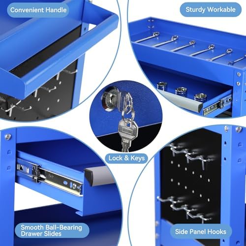 tool chest with wheels, 3-tier rolling tool box, side view