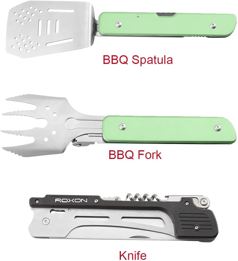 ROXON 6-in-1 Grill Tools Set, Metal Griddle Accessories Kit for Blackstone | BBQ Utensils: Tongs, Fish Spatula, Fork, Knife, Opener & Corkscrew; Stainless Steel, for Flat Top Cooking, Camping & Outdoor