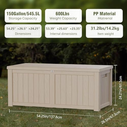 outdoor storage box waterproof, 150 gallon lockable resin shown in use