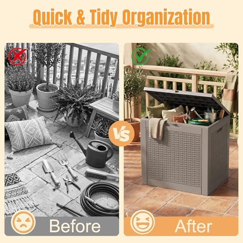 outdoor storage box, 42 gallon waterproof resin patio, side view