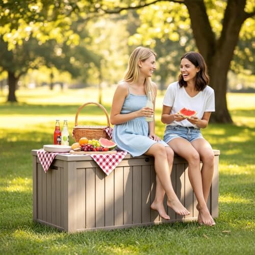 152 gallon resin outdoor storage box, waterproof deck shown in use