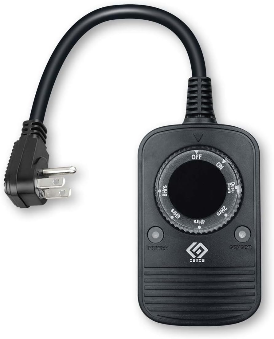 OSKOS 24-Hour Outdoor Light Timer – Water-Resistant with Photocell Dusk to Dawn Sensor, 2/4/6/8-Hour Countdown Timer, Grounded Outlet – Ideal for Home, Christmas Lights, Garden – 10A, UL Listed