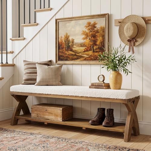 solid wood shoe bench with cushion padded seat, main product view