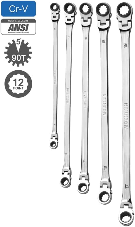 MOUNTAIN RM6, 5 Piece Metric Double Box Universal Spline Reversible Ratcheting Wrench Set, Extra Long Chrome Vanadium Steel, 90 Tooth, 4 Degree Swing Arc, Flexible Design for Hard to Reach Fasteners