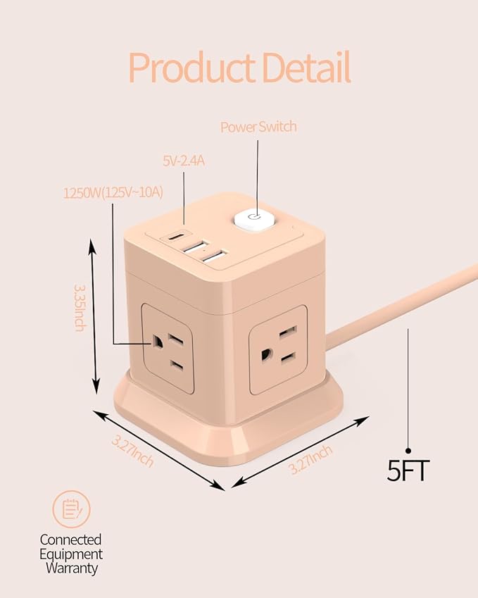 Cube Power Strip, FDTEK 4 Widely Spaced Outlet - Image 3