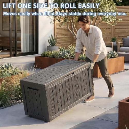 easyup outdoor storage box 100 gallon waterproof resin showing dimensions