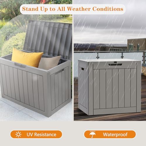 31 gallon waterproof storage deck box with lockable shown in use