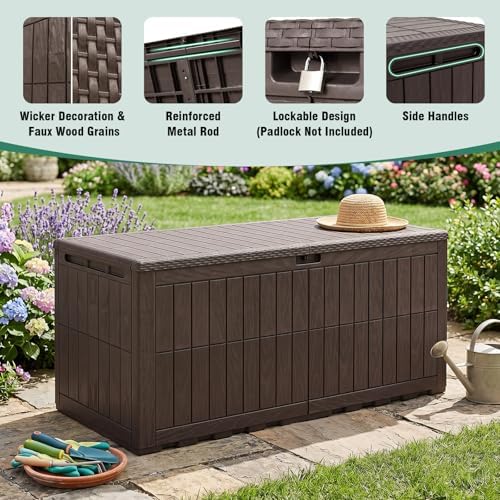 tangkula 180 gallon outdoor storage box with lockable, front angle view