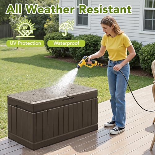 devoko 78 gallon deck box, waterproof resin outdoor showing dimensions