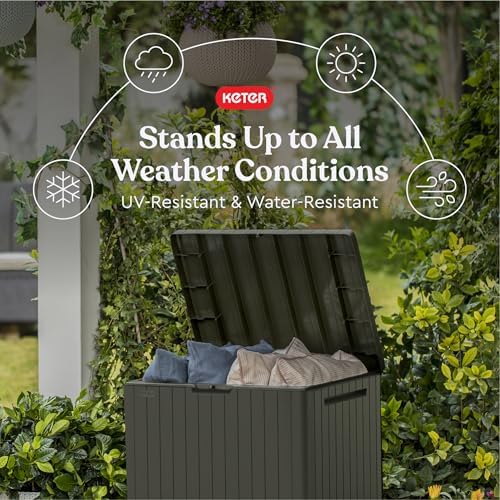 keter city 30 gal outdoor storage box and, close-up detail