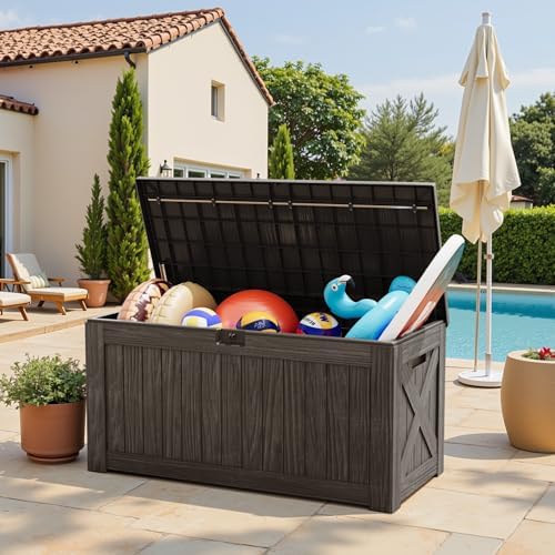 greesum outdoor storage box 120 gallon storage bin showing dimensions
