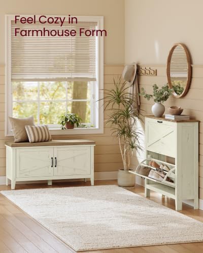 vasagle shoe bench, farmhouse entryway bench with cushion，39.4 on a desk or shelf