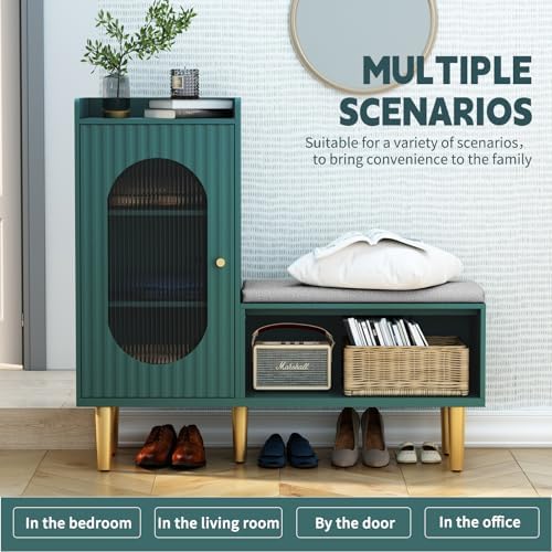 hlr shoe storage bench with glass door&shelf, l-shaped showing dimensions