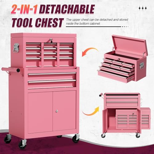 10-drawer rolling tool chest with wheels, lockable 2-in-1, side view
