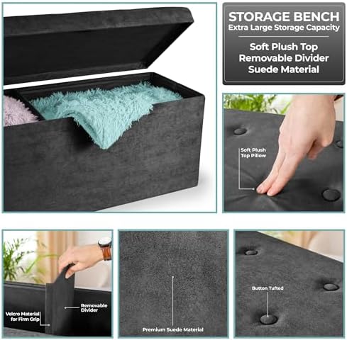 sorbus collapsible storage ottoman bench (black, large (15”, package contents