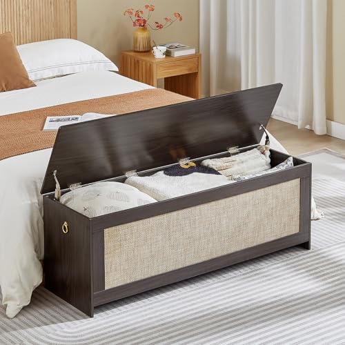 51.2"storage chest large,wooden rattan storage bench,obsidian black, front angle view