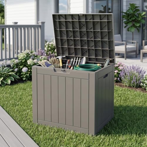 patiozen 40 gallon deck box, outdoor storage box shown in use