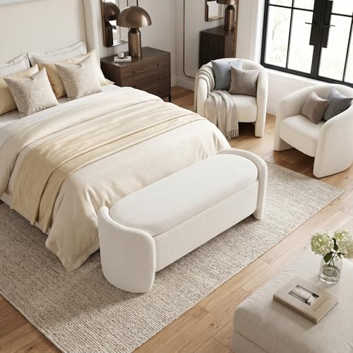 lukealon 50" wide sherpa storage bench, white, close-up detail