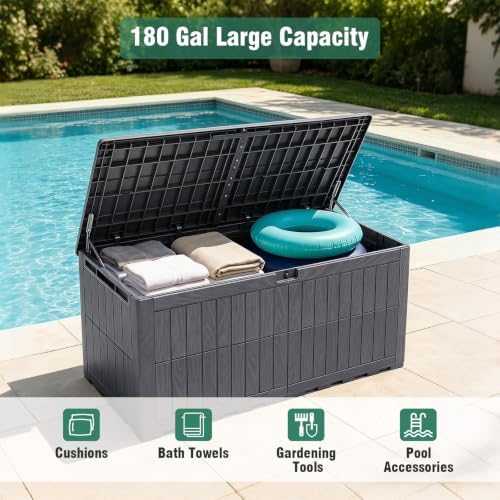 tangkula 180 gallon outdoor storage box with lockable, side view