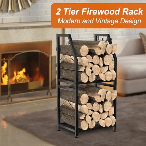 vygrow firewood rack for indoor, 2-tier firewood holder showing dimensions