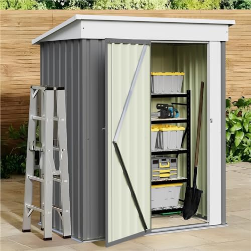jummico metal outdoor storage shed 5 x 3 shown in use
