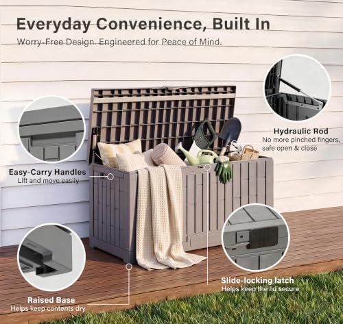 lausaint home 80 gallon resin deck box, package on a desk or shelf