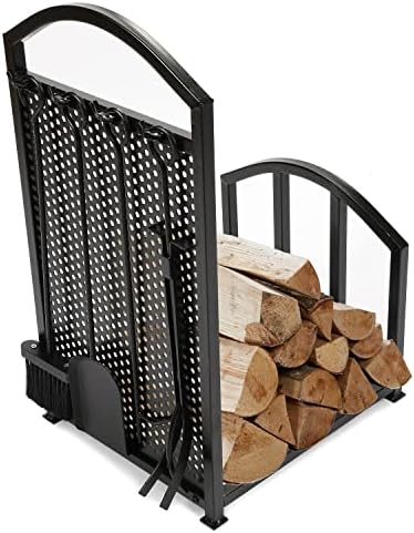 hecasa firewood rack with fireplace tools set indoor, front angle view