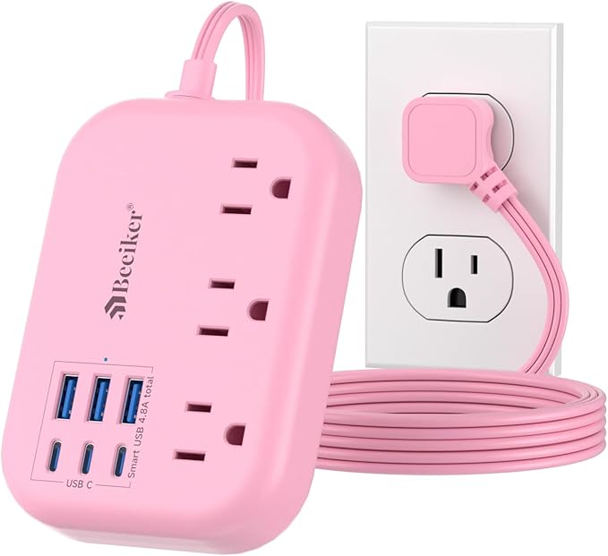 6 USB Pink Power Strip- 5Ft Extension Cord by Beeiker-BetterHelperforYou
