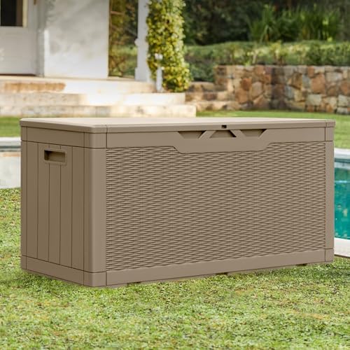 greesum 100 gallon resin patio storage box for, side view