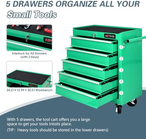 5 drawers rolling tool chest on wheels, multifunctional showing dimensions