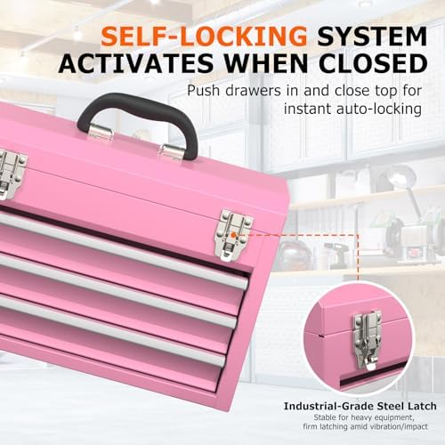 portable metal tool box with drawers, latches tool, side view